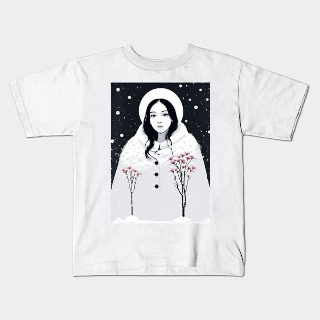 A woman with flowers in winter Kids T-Shirt by CursedContent